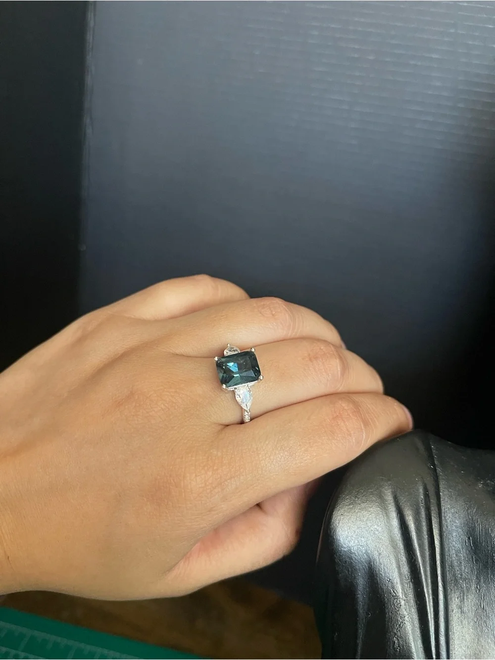 Silver tone emerald cut sapphire color gem statement ring size 6 3/4